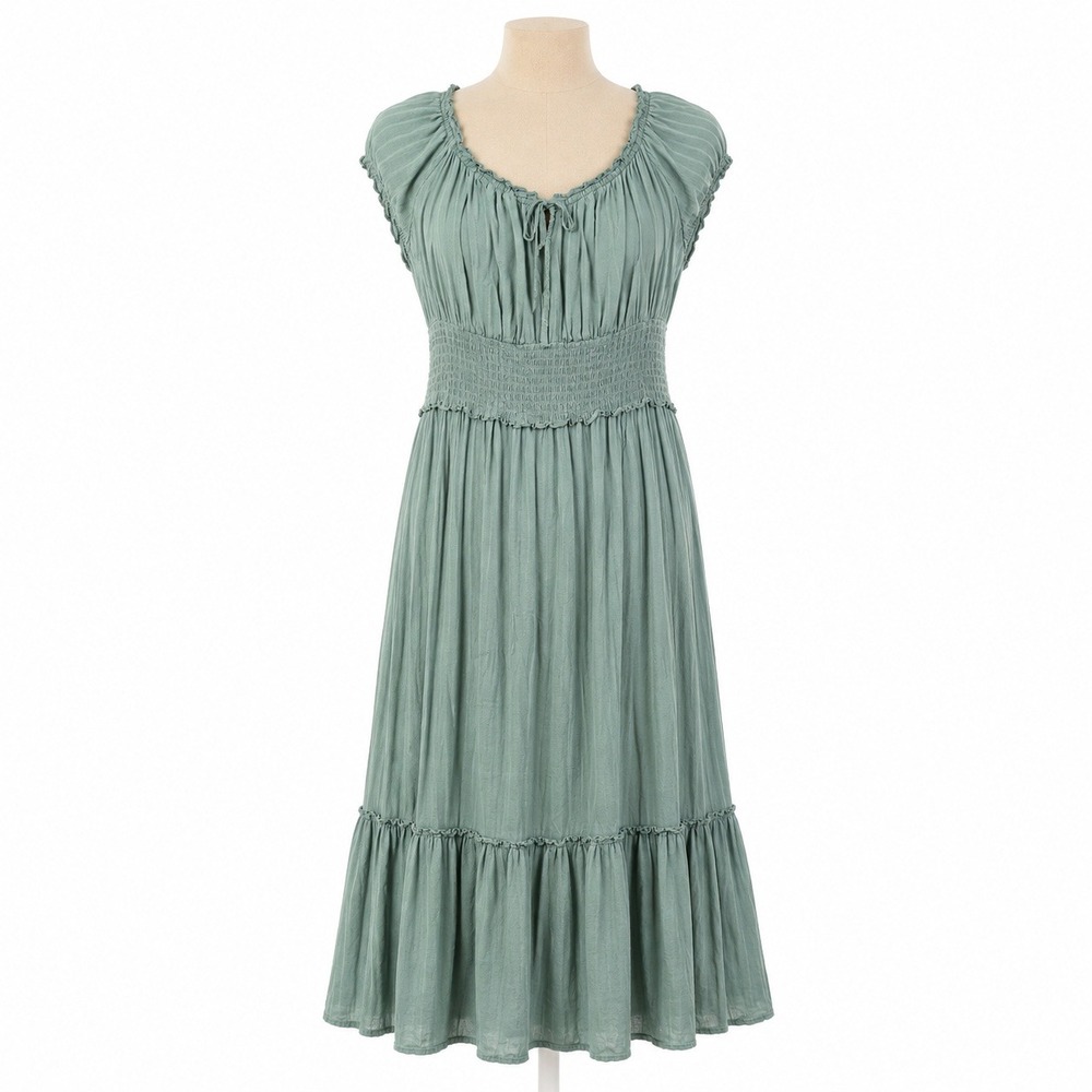 Boho Milkmaid Maxi Peasant Dress Sz XL Green Stretch Romantic Fairy Cottagecore